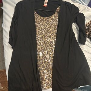 Black Cardigan with Leopard Sequin Top